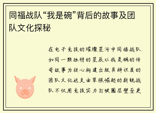 同福战队“我是碗”背后的故事及团队文化探秘