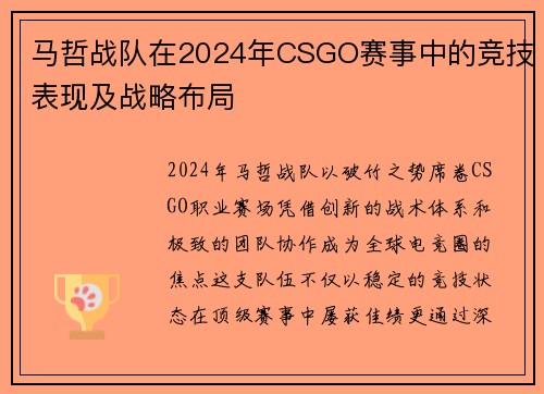 马哲战队在2024年CSGO赛事中的竞技表现及战略布局